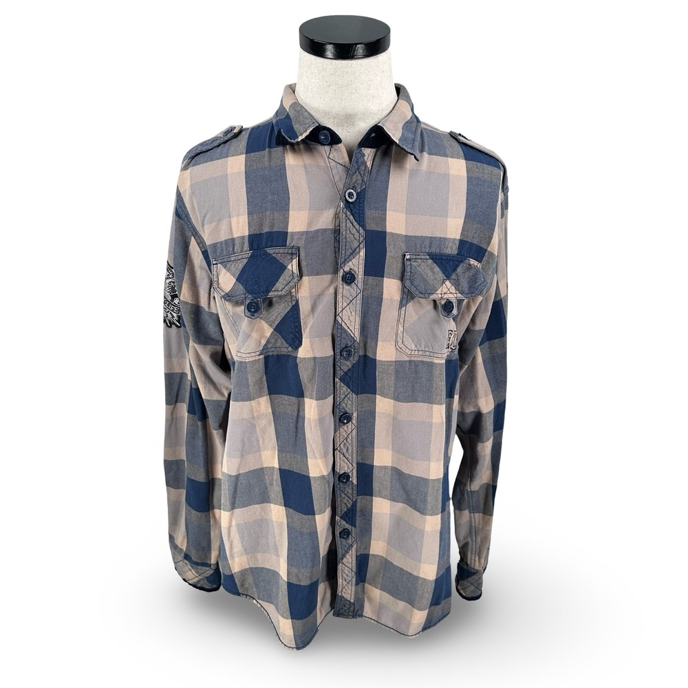 Ed Hardy Mens XL Blue Beige Plaid Flying Eagles Embroidered Button Flannel Shirt
